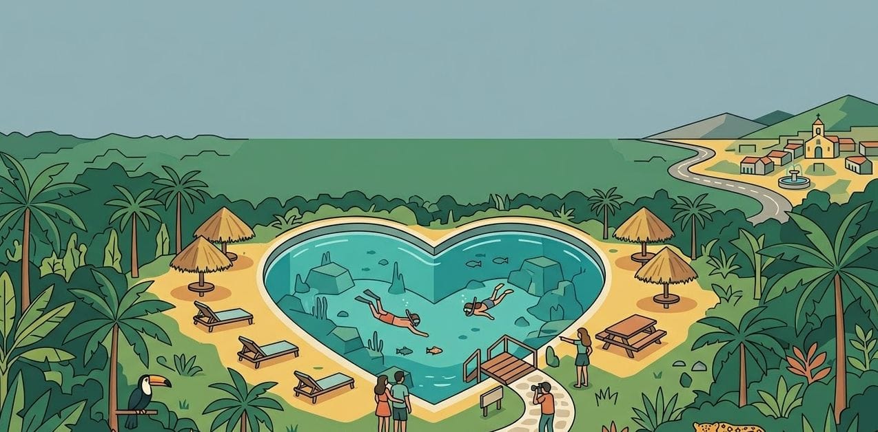 An illustrated scene of a heart-shaped pool surrounded by palm trees, people swimming, and others standing around, with a village and ocean in the background.