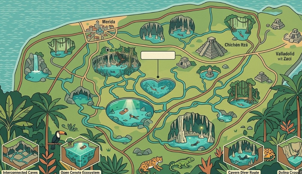 Mapa ilustrado de la península de Yucatán: cenotes, ríos subterráneos, Chichén Itzá, Mérida, Valladolid y la ruta de los cenotes.